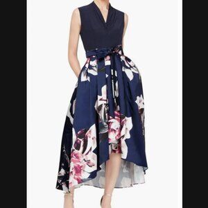 SLNY Floral Pleated High Low Maxi Dress with Pockets